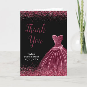 Tarjeta De Agradecimiento Plum Vestido púrpura Faux Purpurina Sweet 16 Cumpl