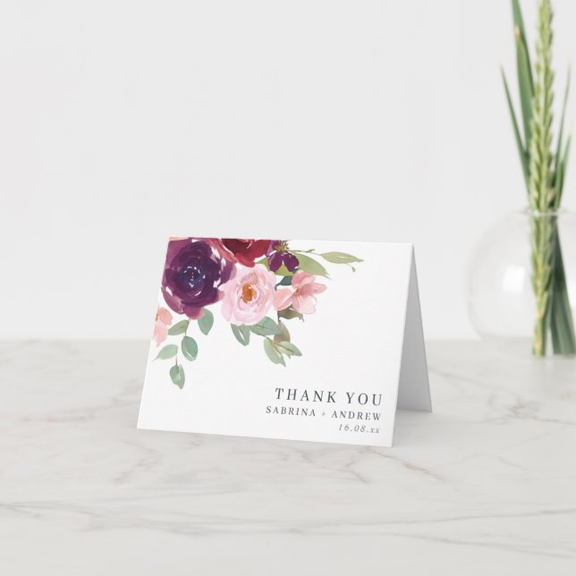 Tarjeta De Agradecimiento Plum y Boda floral Rubor (Anverso)