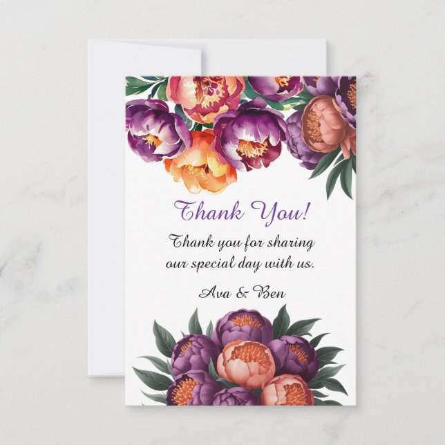 Tarjeta De Agradecimiento Plum y Naranja Paint Peony Boda (Anverso)
