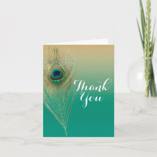 Tarjeta De Agradecimiento Pluma de pavo real Arena y Boho Glam azul turquesa
