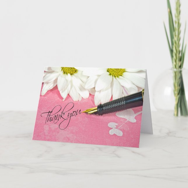 Tarjeta De Agradecimiento pluma fuente con daisies gracias (Anverso)