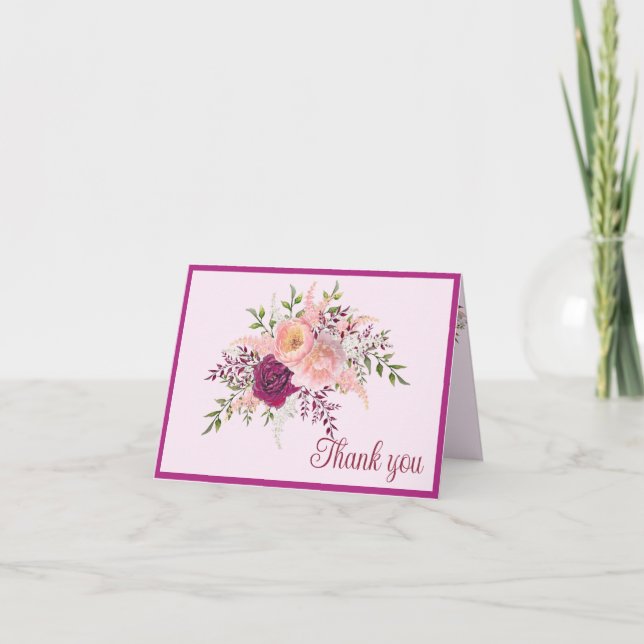 Tarjeta De Agradecimiento Pluma romántica borgoña Boda rosa Rubor (Anverso)