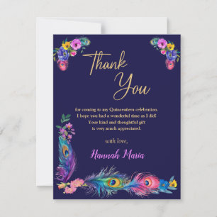 Tarjeta De Agradecimiento Plumas de Pavo Real y Flores Quinceañera Morado Pl