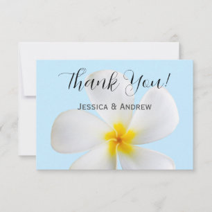 Tarjeta De Agradecimiento Plumeria blanca en azul, tropical, floral