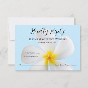 Tarjeta De Agradecimiento Plumeria blanca en azul, tropical, floral, RSVP