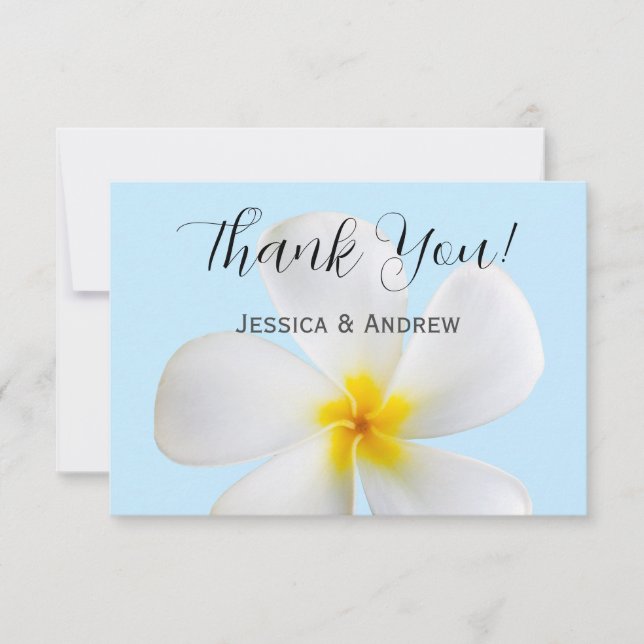 Tarjeta De Agradecimiento Plumeria Blanca sobre Azul, Floral Tropical (Anverso)