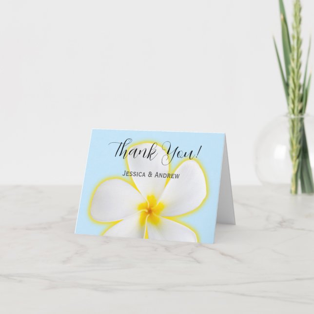 Tarjeta De Agradecimiento Plumeria tropical, blanca y amarilla, Boda floral (Anverso)