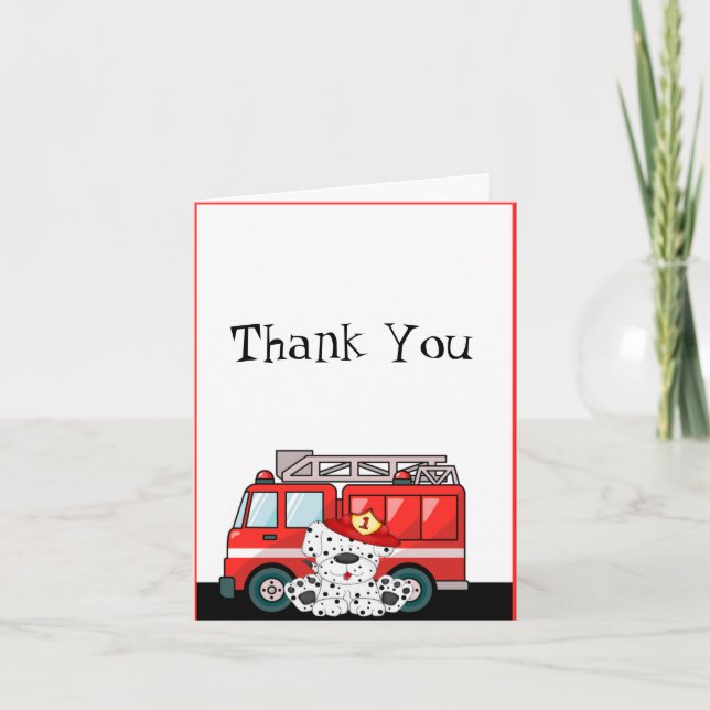 Tarjeta De Agradecimiento Poco coche de bomberos rojo, cumpleaños dálmata (Anverso)