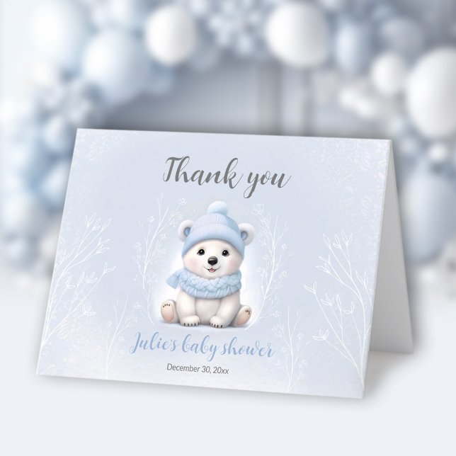 Tarjeta De Agradecimiento Podemos Esperar El Baby Shower Del Oso Polar Azul (We Can Bearly Wait Blue Polar Bear Baby Shower Thank You Card)