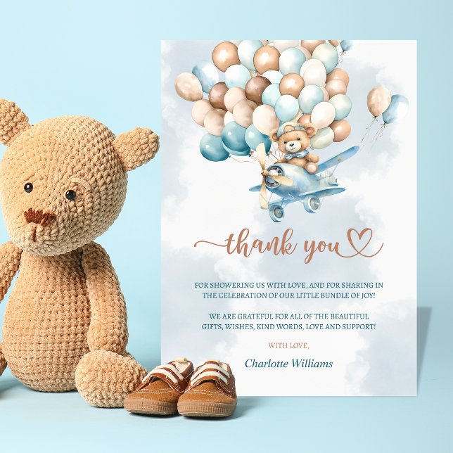 Tarjeta De Agradecimiento Podemos esperar globos azules Baby Shower (We can bearly wait baby shower thank you card)