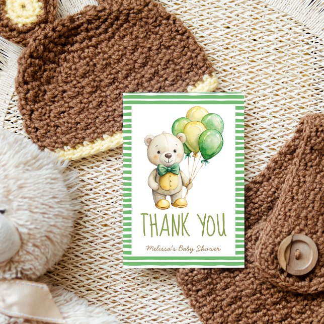 Tarjeta De Agradecimiento Podemos esperar lindo oso de peluche sabio verde (We can bearly wait cute teddy bear sage green yellow baby shower thank you cards handwriting font )