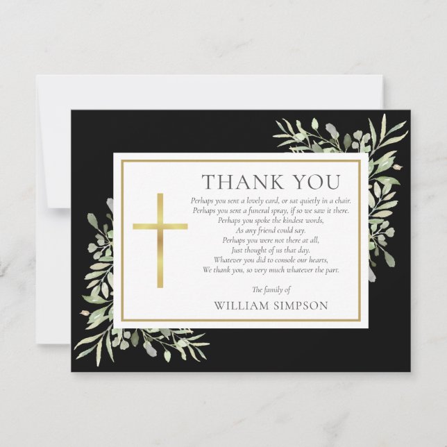 Tarjeta De Agradecimiento Poema Black Gold Christian Funeral Greenery (Anverso)