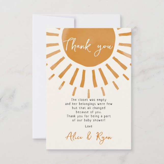 Tarjeta De Agradecimiento Poema de Baby Shower Cute Sunshine Boho (Anverso)