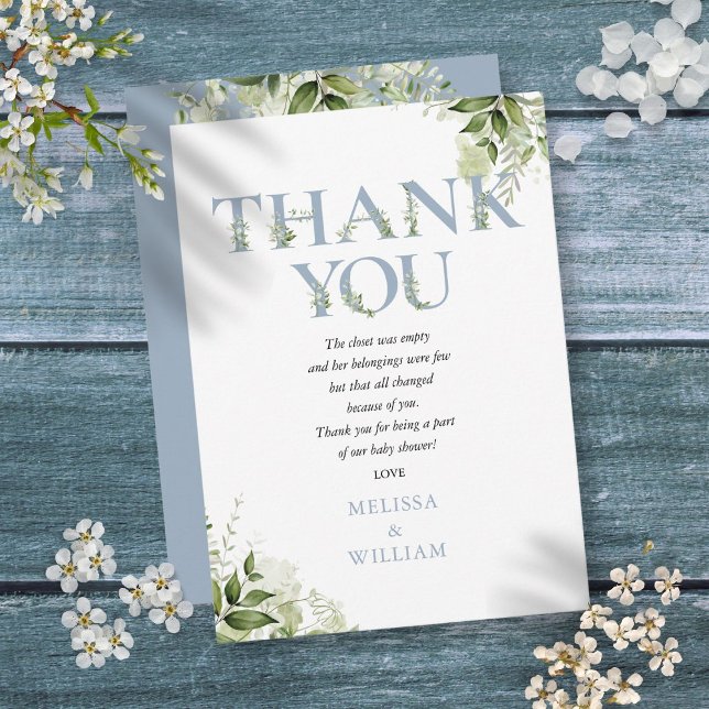 Tarjeta De Agradecimiento Poema de baby shower de verde azul polvoriento (Dusty Blue Greenery Letter Baby Shower Poem Thank You Card)