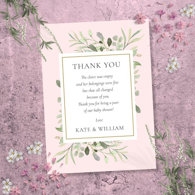 Tarjeta De Agradecimiento Poema de Baby Shower del Chica Rosa Verde (Greenery Pink Girl Baby Shower Poem Thank You Card)