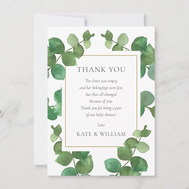 Tarjeta De Agradecimiento Poema de Baby Shower Eucalyptus Greenery (Anverso)