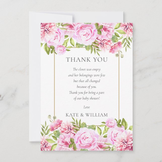 Tarjeta De Agradecimiento Poema de Baby Shower floral para rosas (Anverso)