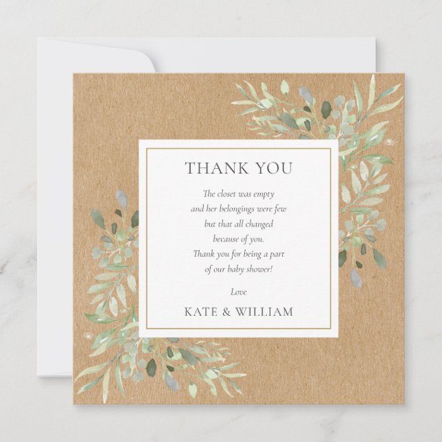 Tarjeta De Agradecimiento Poema de baby shower rústico de acuarela verde (Anverso)