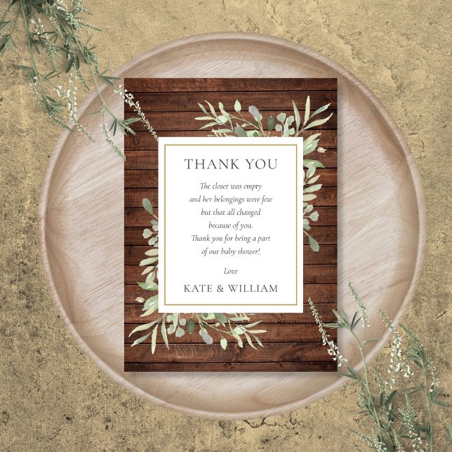 Tarjeta De Agradecimiento Poema de Baby Shower sobre la vegetación de la mad (Rustic Wood Greenery Baby Shower Poem Thank You Card)