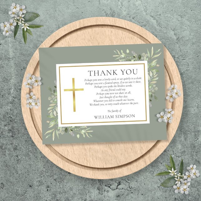 Tarjeta De Agradecimiento Poema de Verde Salvia para Funeral Cristiano (Sage Green Christian Funeral Greenery Poem Thank You Card)