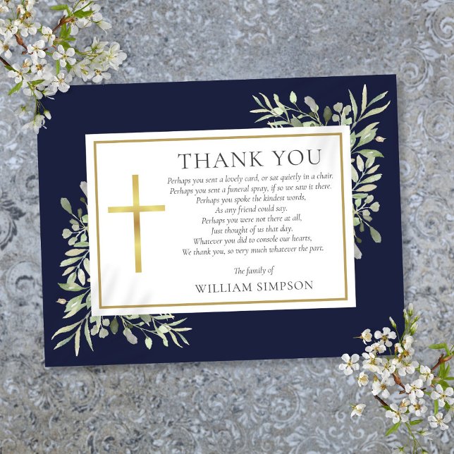 Tarjeta De Agradecimiento Poema del funeral cristiano de la Marina Blue Gree (Navy Blue Greenery Christian Funeral Poem Thank You Card)