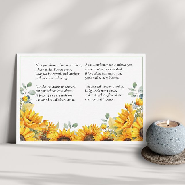 Tarjeta De Agradecimiento Poema "Forever in sun" (Always walk in sunshine, on the day god called you home, poem and sunflowers)
