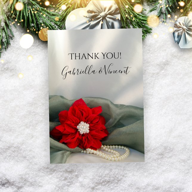 Tarjeta De Agradecimiento Poinsettia Pearls Green Winter Wedding Gracias (Show appreciation after your December event with the Poinsettia and Pearls Wedding Thank You Note.)