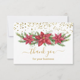 Tarjeta De Agradecimiento Poinsettia, pino, Navidades de negocios de oro