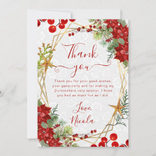 Tarjeta De Agradecimiento Poinsettia Roja y Floral de Invierno de Bayas Quin