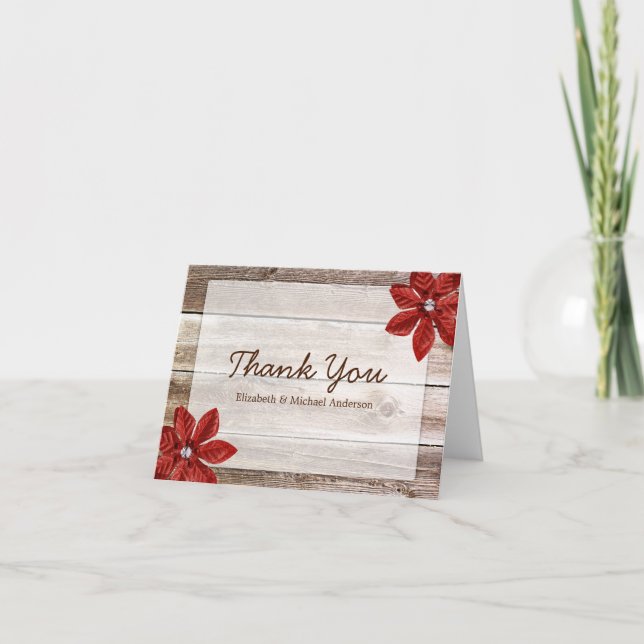 Tarjeta De Agradecimiento Poinsettia Rojo Rustic Barn Wood Gracias (Anverso)