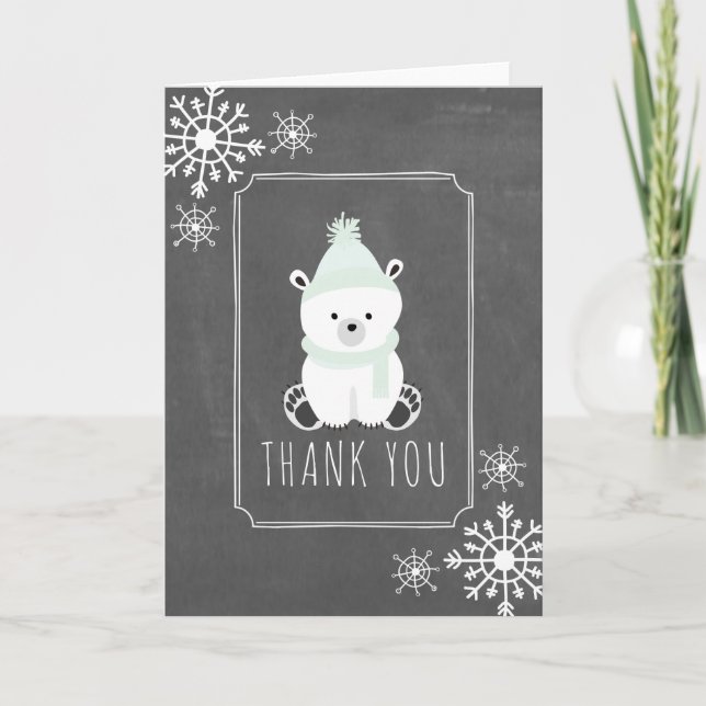 Tarjeta De Agradecimiento Polar Bear Winter Baby Shower Gracias Green (Anverso)