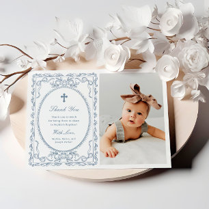 Tarjeta De Agradecimiento Polvo Azul Caprichoso Coquette Bautizo con Foto