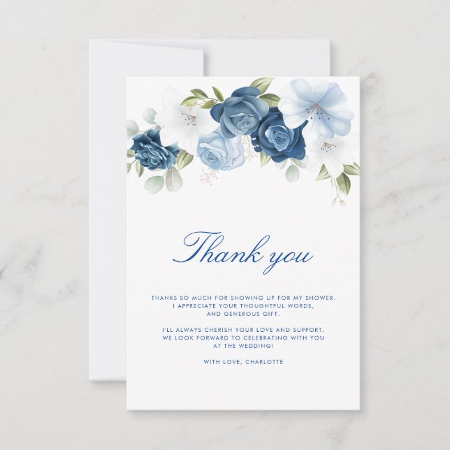 Tarjeta De Agradecimiento Polvo de acuarela azul floral script (Anverso)