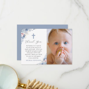 Tarjeta De Agradecimiento Polvo de acuarela bebé azul floral foto bautizo