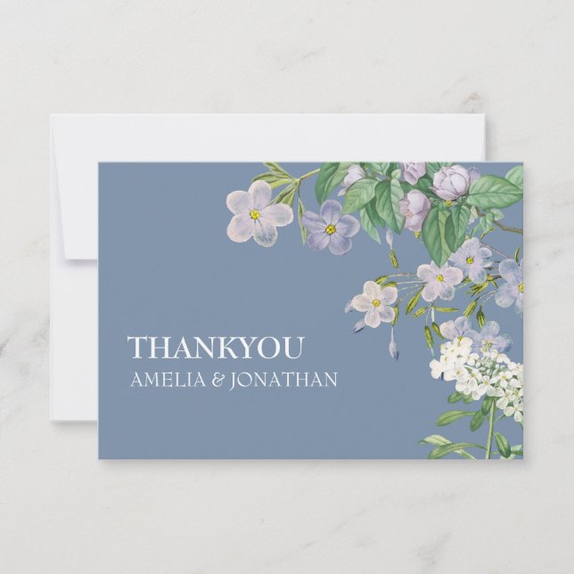 Tarjeta De Agradecimiento Polvoriento azul y acuarela blanca Boda floral (Anverso)