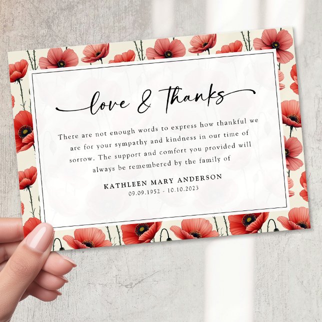 Tarjeta De Agradecimiento Poppies Floral Script Sympathy Funeral (Subido por el creador)