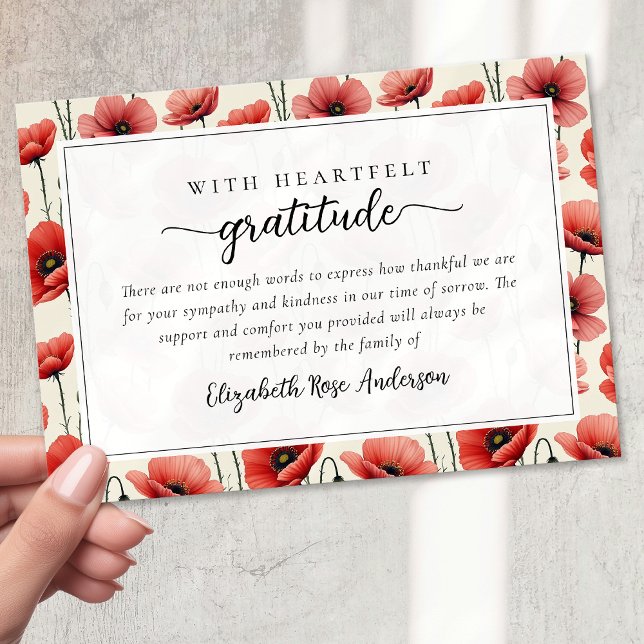 Tarjeta De Agradecimiento Poppies Floral Script Sympathy Funeral (Subido por el creador)