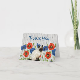 Tarjeta De Agradecimiento Poppies rojos y azules con gato siamés