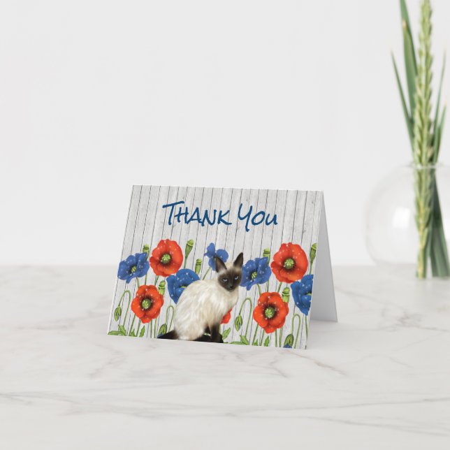 Tarjeta De Agradecimiento Poppies rojos y azules con gato siamés (Anverso)