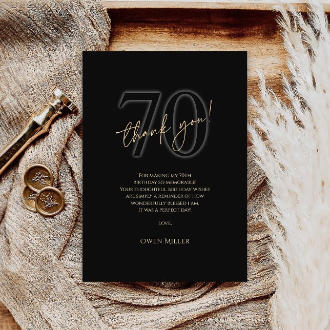 Tarjeta de agradecimiento por 70 cumpleaños Modern (Modern Black Gold 70th Birthday Thank You Card)