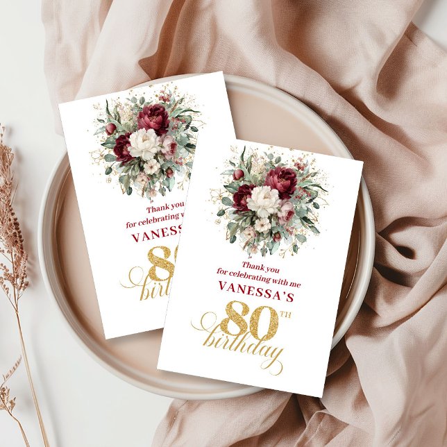 Tarjeta de agradecimiento por 80 cumpleaños Boho B (Boho Blush Burgundy 80th Birthday Thank You Card)