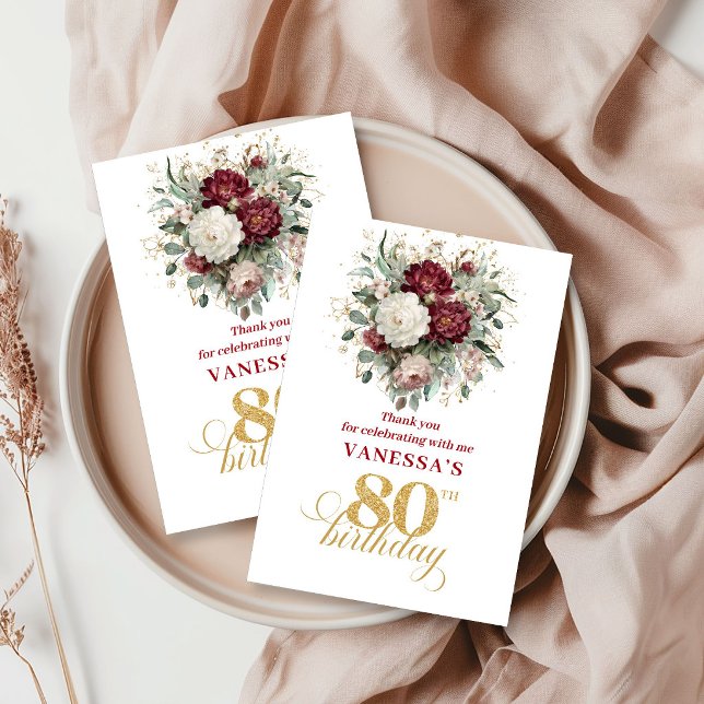 Tarjeta de agradecimiento por 80 cumpleaños Floral (Floral Blush Burgundy 80th Birthday Thank You Card)