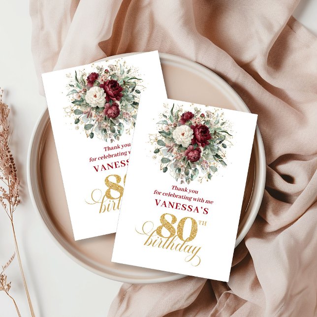 Tarjeta de agradecimiento por 80 cumpleaños Rustic (Rustic Blush Burgundy 80th Birthday Thank You Card)