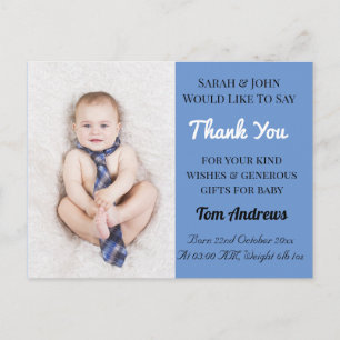 Tarjeta de agradecimiento por anuncio de niño azul