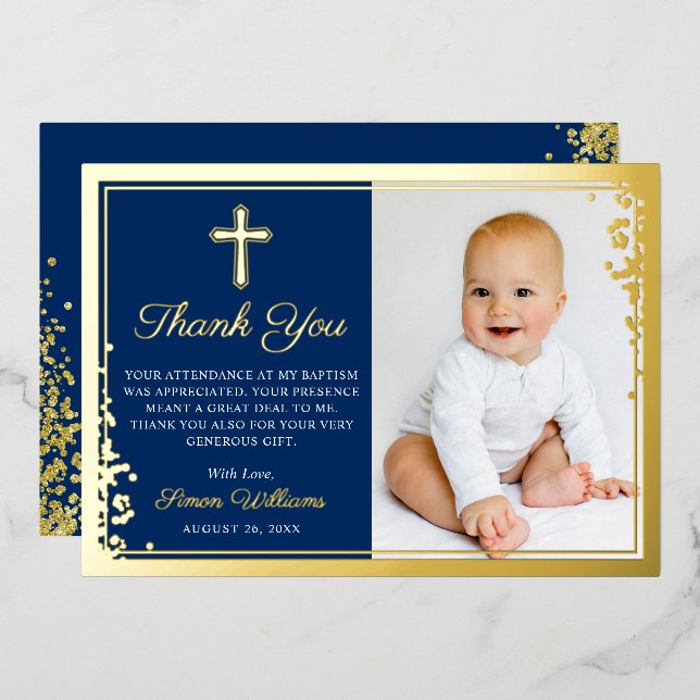 Tarjeta de agradecimiento por bautismo azul de la  (Anverso/Reverso)