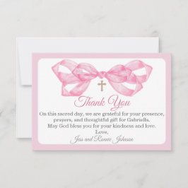 Tarjeta de agradecimiento por bautizo de lazo rosa