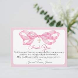Tarjeta de agradecimiento por bautizo de lazo rosa