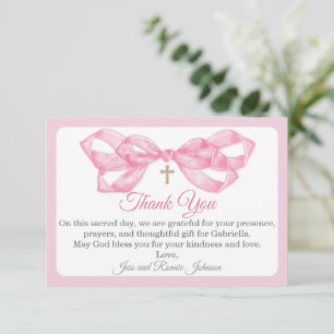 Tarjeta de agradecimiento por bautizo de lazo rosa