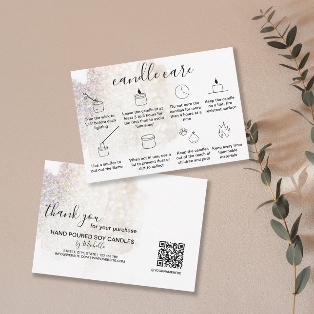 Tarjeta de agradecimiento por cuidado de velas Agr (minimalist icons with a blush pink watercolor background splash)
