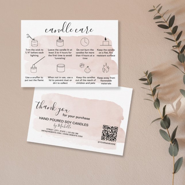 Tarjeta de agradecimiento por cuidado de velas Aña (minimalist icons with a blush pink watercolor background splash)